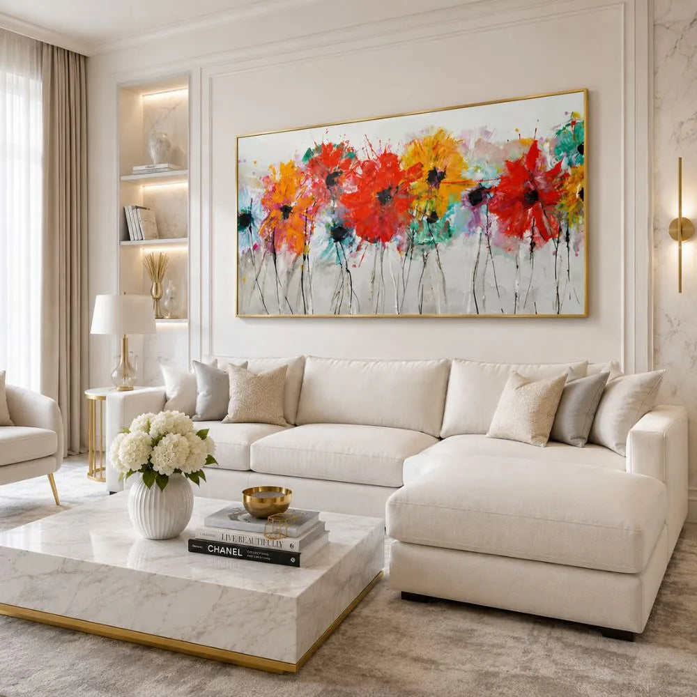 Quadro Armonia Botanica NinaHomeDesign con fiori astratti colorati e cornice oro, ambientato in un salotto moderno ed elegante con arredo chiaro e dettagli raffinati.
