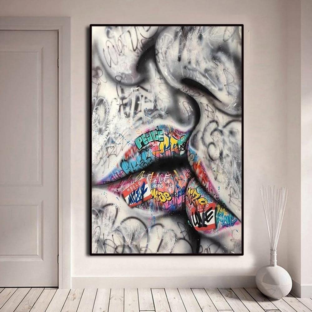 Quadro su tela “Bacio Graffiti” con immagine di una coppia che si bacia, design vibrante e colori vivaci tipici della street art urbana