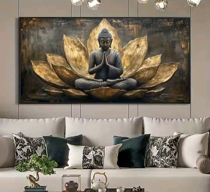 Buddha in Meditazione: quadro Buddha fiore di loto oro con sfondi scuri e texture astratte. Quadri su tela zen moderno per la meditazione e il relax.