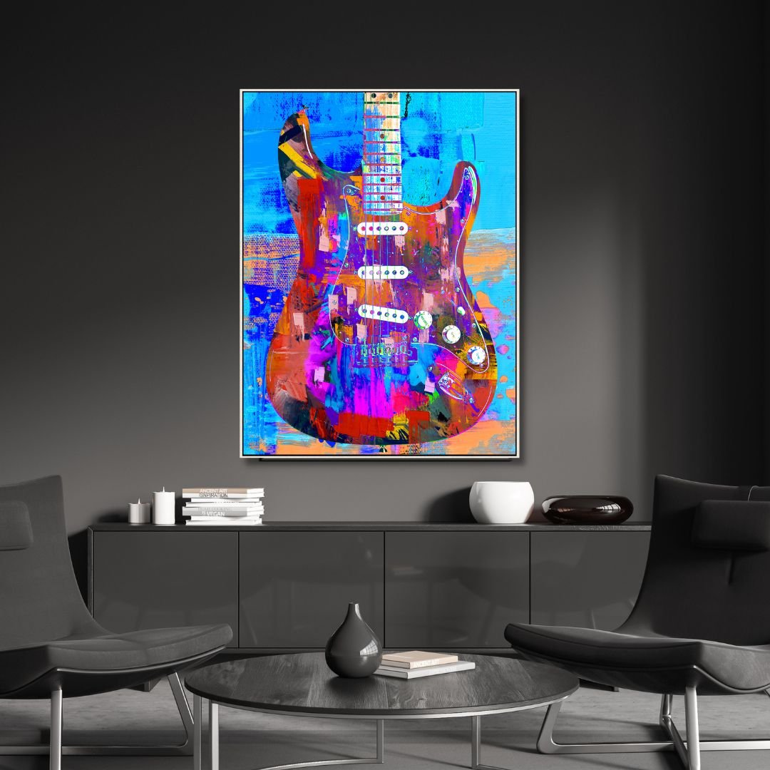 Quadro su tela “Chitarra Elettrica Graffiti” con chitarra stilizzata tra colori accesi e graffiti, ideale per arredare con stile rock e urbano