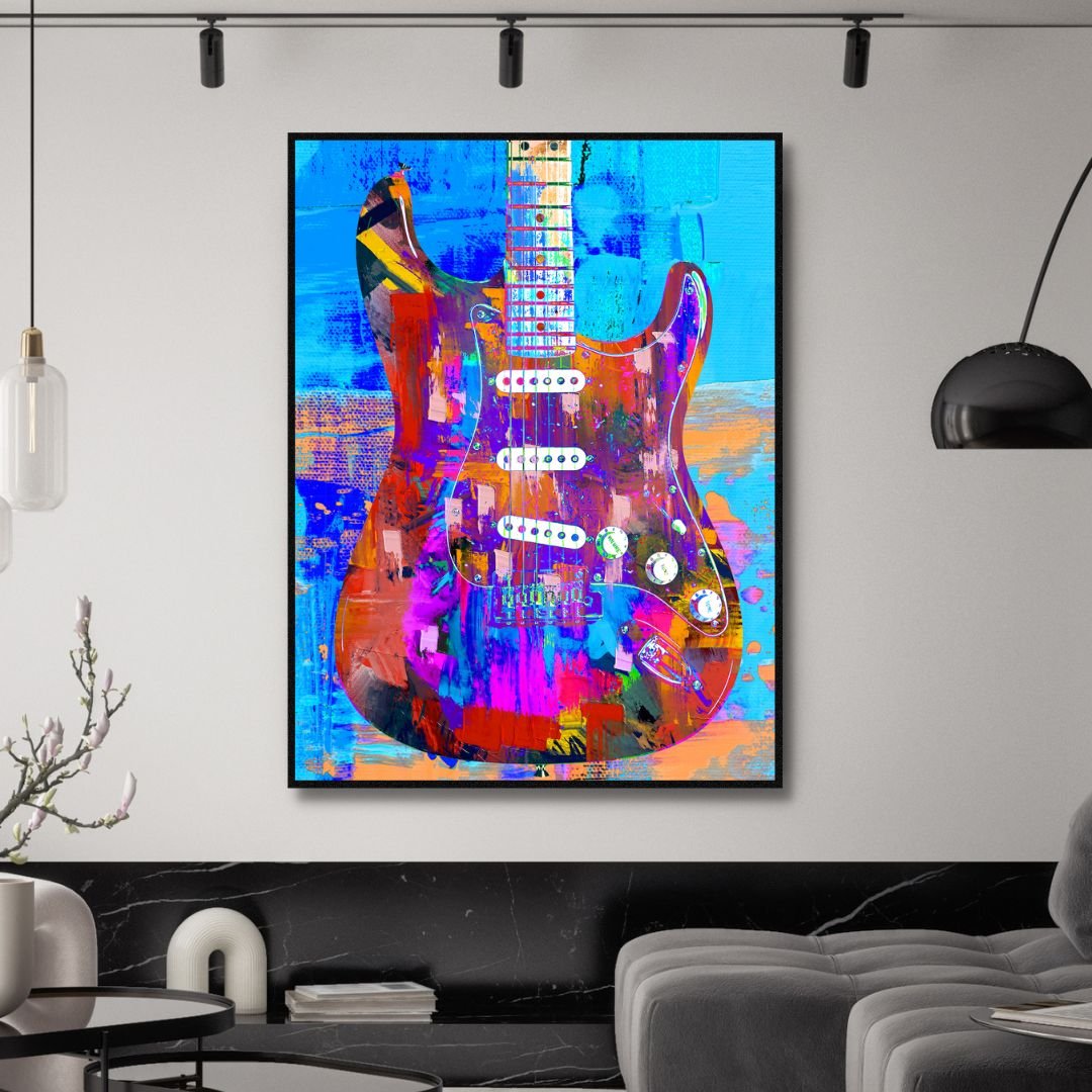 Quadro su tela “Chitarra Elettrica Graffiti” con chitarra stilizzata tra colori accesi e graffiti, ideale per arredare con stile rock e urbano