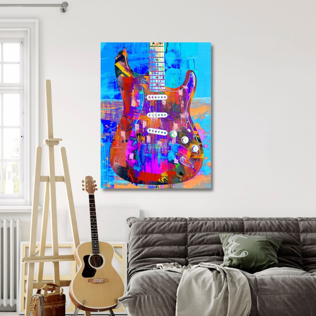 Quadro su tela “Chitarra Elettrica Graffiti” con chitarra stilizzata tra colori accesi e graffiti, ideale per arredare con stile rock e urbano