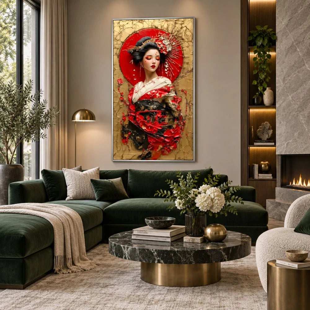 Dama d'Oriente: quadro su tela con cornice argento geisha oro e rosso con texture materica e fiori di ciliegio. Quadri su tela orientali per un arredamento lussuoso e moderno.