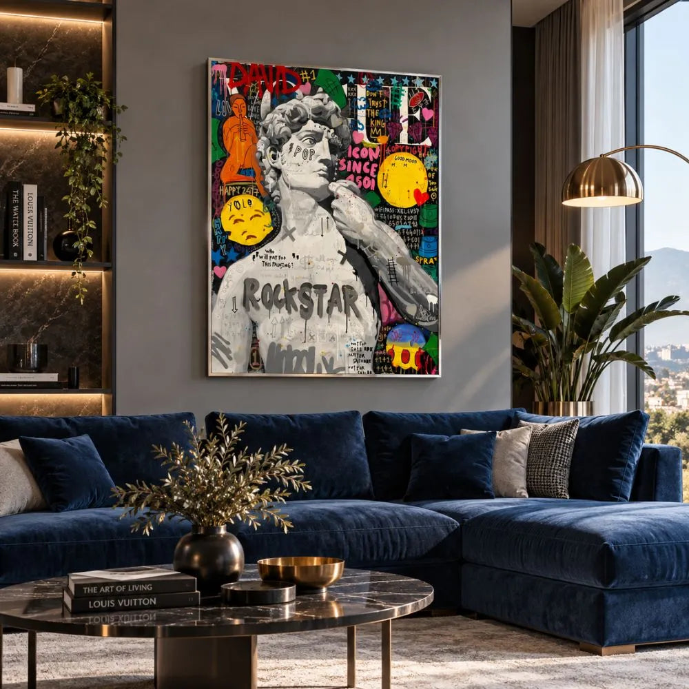 Quadro su tela con cornice argento David Funky Art in stile pop art, dai colori vivaci, perfetto per interni moderni
