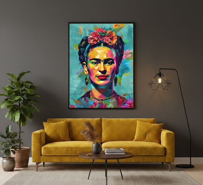 Ritratto di Frida Kahlo Pop Art su quadro su tela Pop Art, caratterizzato da colori audaci e vivaci. Una moderna opera di arte moderna su tela ideale per arredi contemporanei.