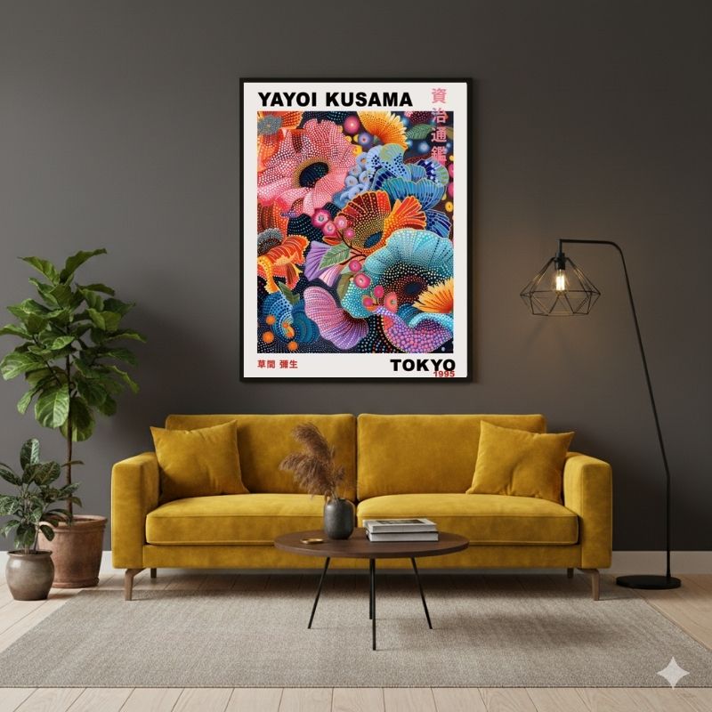 Giardino Psichedelico Yayoi Kusama su quadro su tela Yayoi Kusama, dominato da vivaci stampa Pop Art a pois che creano un effetto visivo ipnotico e una sensazione di infinito.