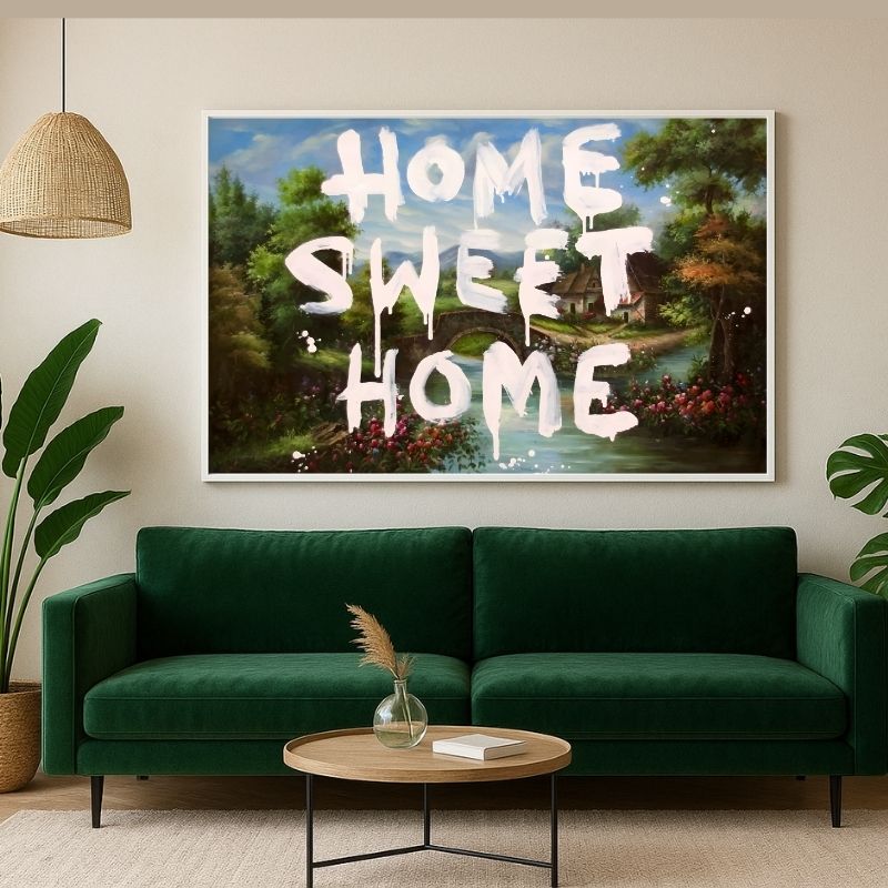 Riproduzione su tela dell'opera Home Sweet Home in stile Banksy, arte urbana per arredamento moderno