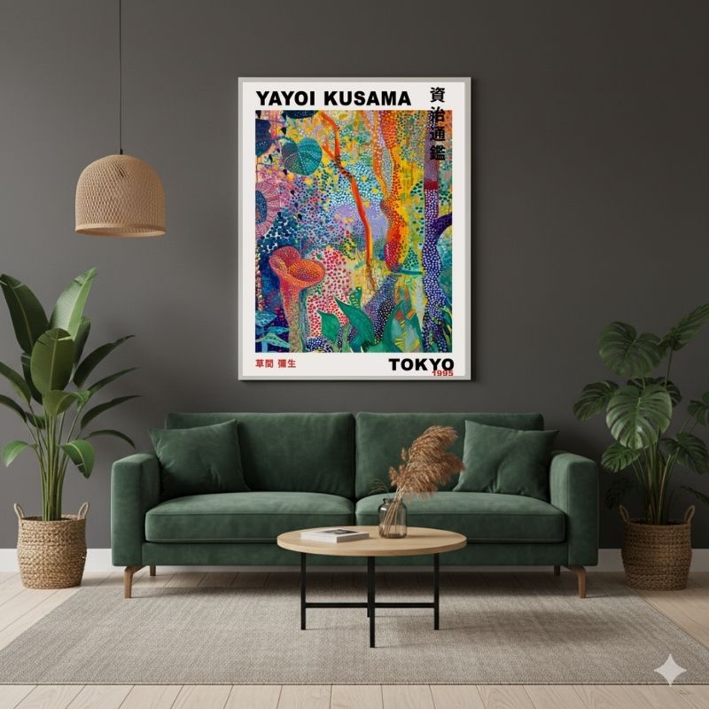 Il Bosco Psichedelico Yayoi Kusama: quadro pop surrealismo con stampa su tela alberi a pois rossi e verdi che creano un intenso effetto ottico e dinamico.