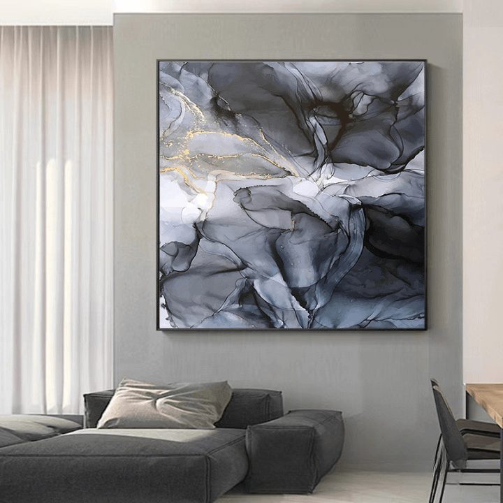 Quadro astratto che riproduce venature di marmo grigio e nero