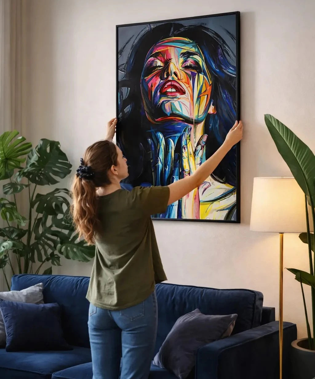 Donna che appende il Quadro sui tela bellezza colorata di ninahomedesign