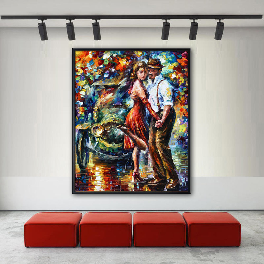 Quadro su tela āPassi Armoniosiā raffigurante una coppia che danza in armonia, con colori delicati e design contemporaneo, perfetto per ambienti raffinati