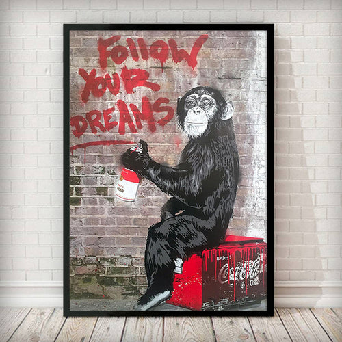 Quadro Follow Your Dreams di Banksy, un'opera d'arte urbana che ispira con il suo messaggio di libertà e sogni, perfetta per uno spazio creativo e moderno.