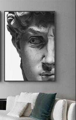 Quadro Volto David di Michelangelo, una rappresentazione artistica del celebre volto della scultura rinascimentale, simbolo di bellezza e perfezione.