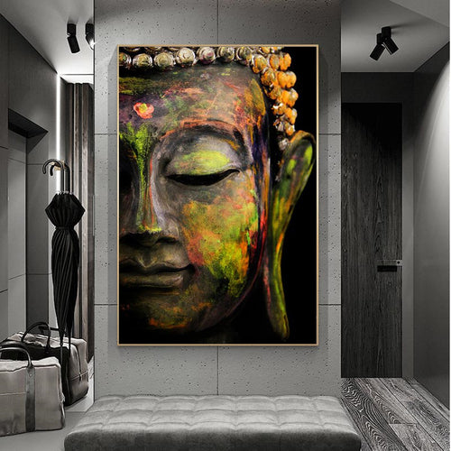 "Quadro Buddha, dipinto che rappresenta la figura del Buddha, simbolo di pace e serenità, ideale per arredare con equilibrio e spiritualità."