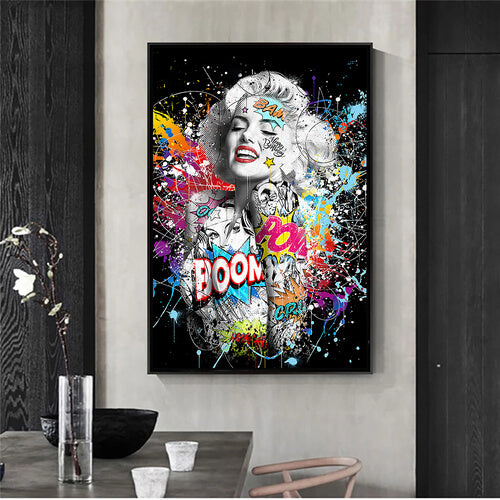 Quadro Pop Art di Marilyn Monroe con colori accesi e design moderno, ideale per ambienti sofisticati e dinamici.