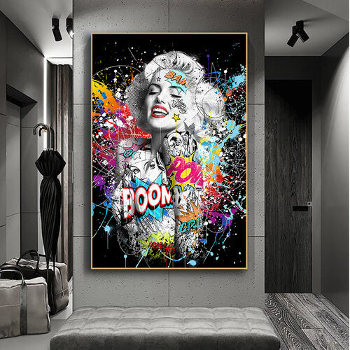 Quadro Pop Art di Marilyn Monroe con colori accesi e design moderno, ideale per ambienti sofisticati e dinamici.