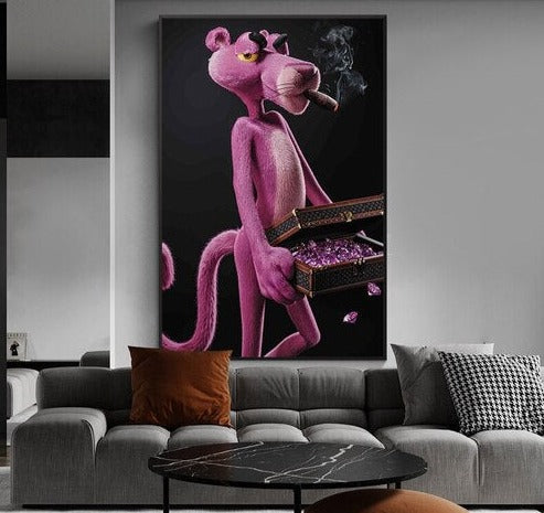 "Quadro Pantera Rosa con stile street art, colori vivaci e design accattivante, ideale per arredamenti moderni e dinamici."