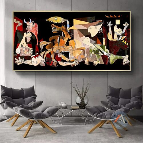 Quadro Guernica di Picasso, una riproduzione fedele del famoso dipinto simbolo di protesta e riflessione contro la guerra, ideale per uno spazio ricco di significato.