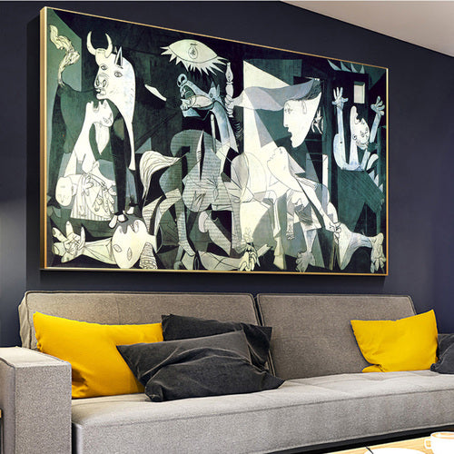 Quadro Guernica di Picasso, una riproduzione fedele del famoso dipinto simbolo di protesta e riflessione contro la guerra, ideale per uno spazio ricco di significato.
