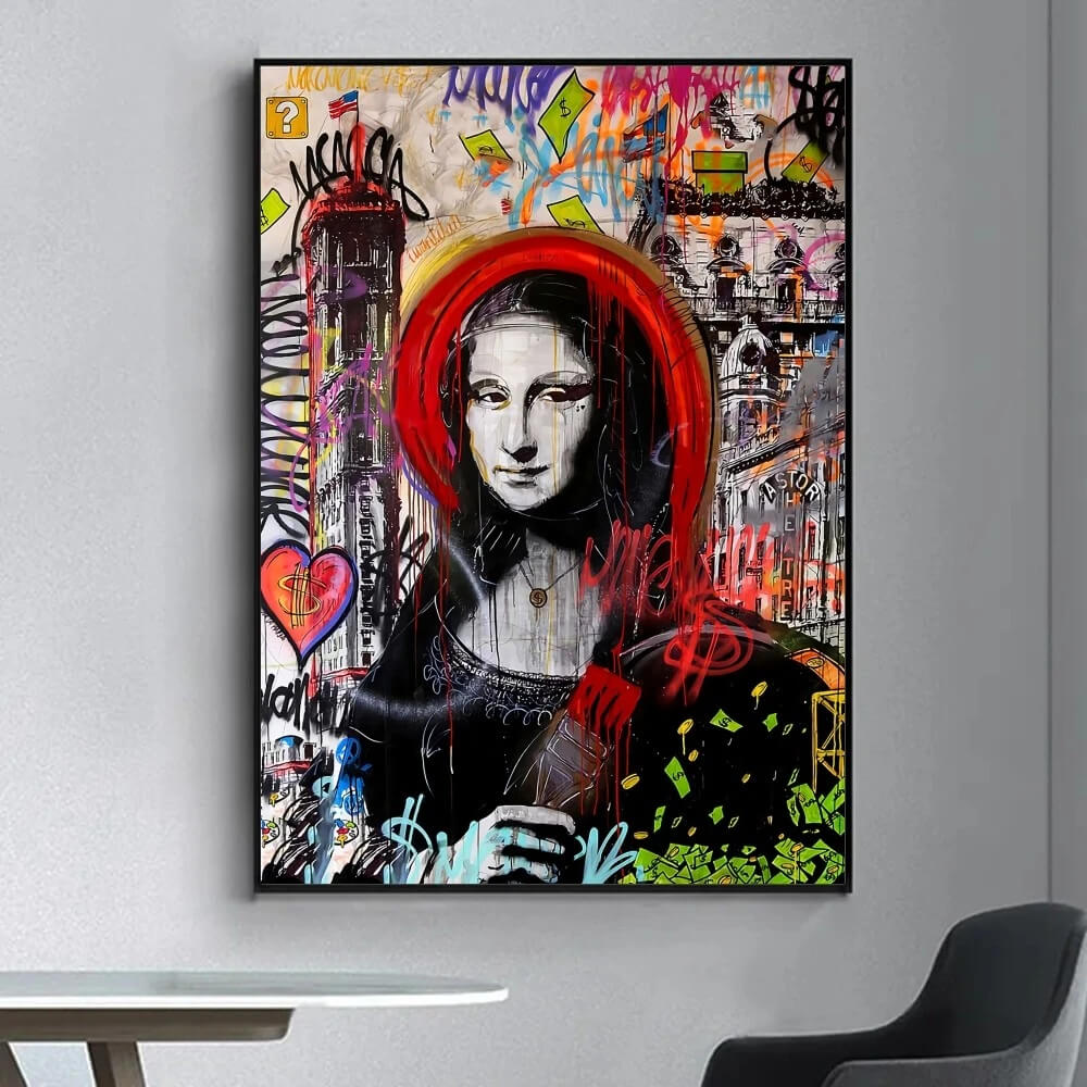 Quadro moderno su tela raffigurante la Gioconda in stile pop art con colori vivaci