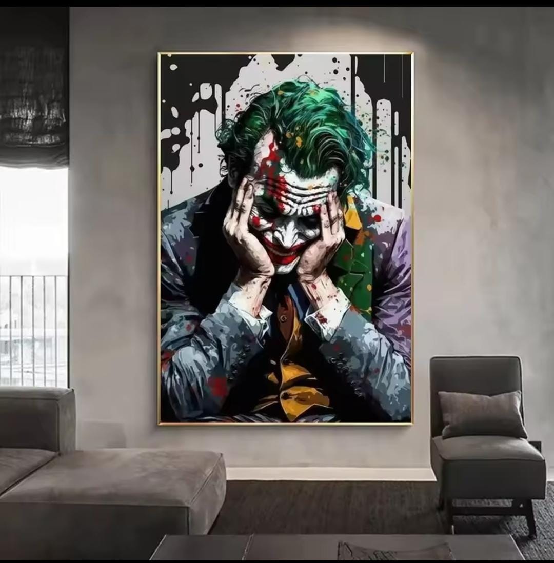 Quadro “Il Dolore di Joker”: riproduzione su tela dell’icona Joker con sguardo intenso e atmosfera drammatica.