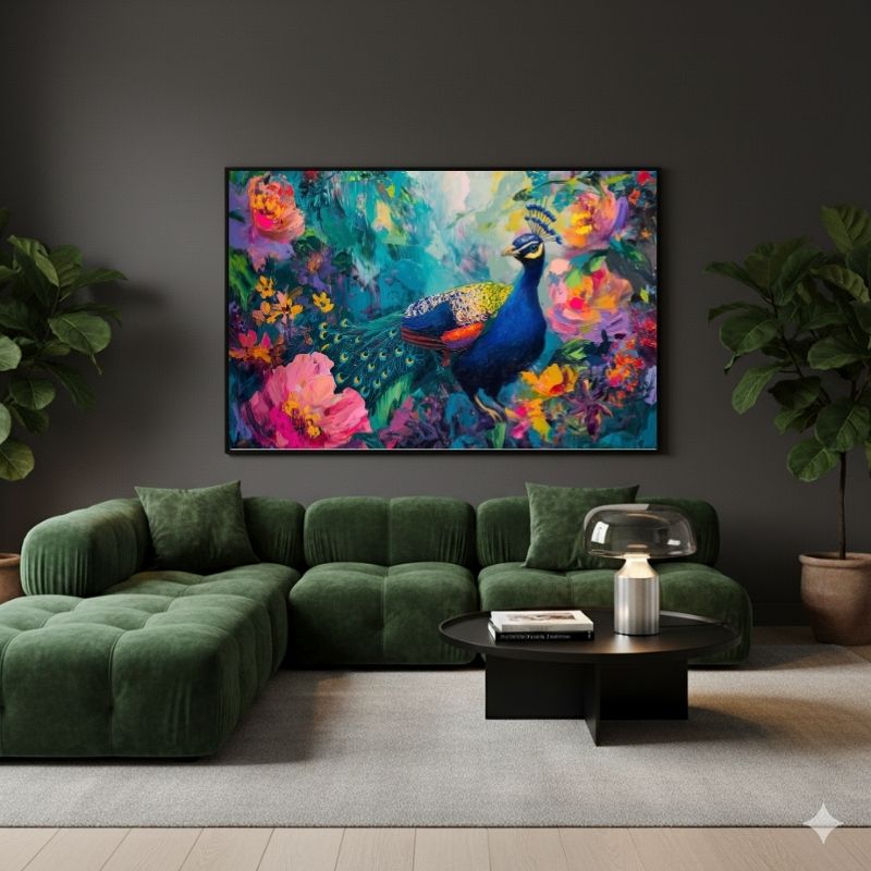 Quadro orizzontale “Sinfonia Tropicale” appeso in soggiorno moderno: atmosfera esotica e design contemporaneo