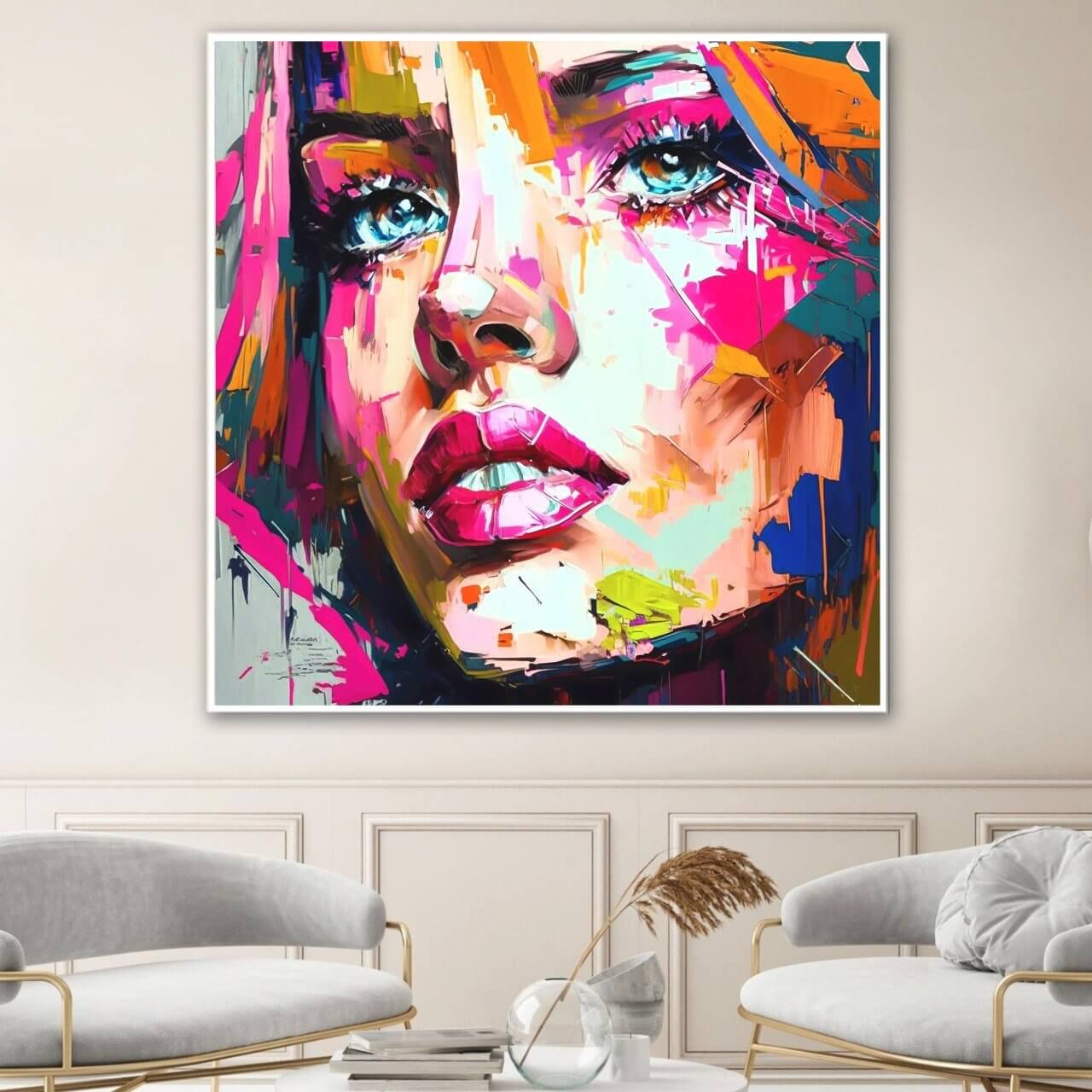 Quadro moderno con volto femminile astratto e colori vivaci