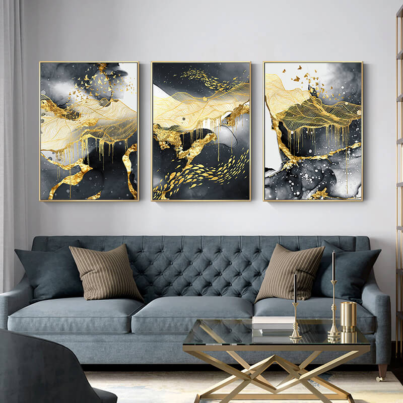 Set di 3 Quadri "Vortici Marmorei" appeso in soggiorno moderno: trittico su tela con effetto marmo elegante.