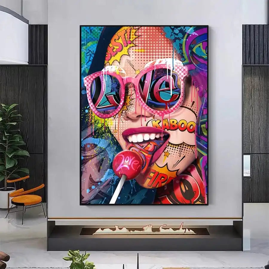 Quadro su tela pop art donna con chupa chups