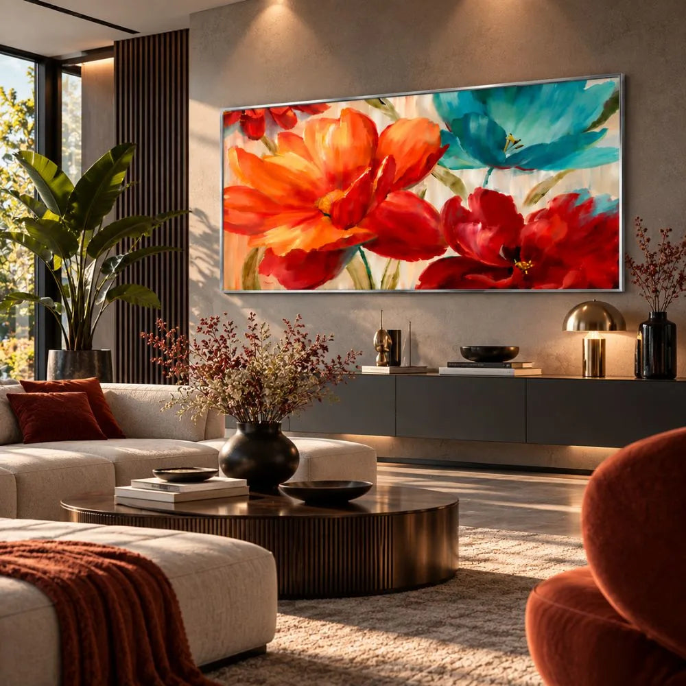 Quadro su tela Rinascita Floreale con fiori colorati e cornice argento minimal in ambiente moderno elegante