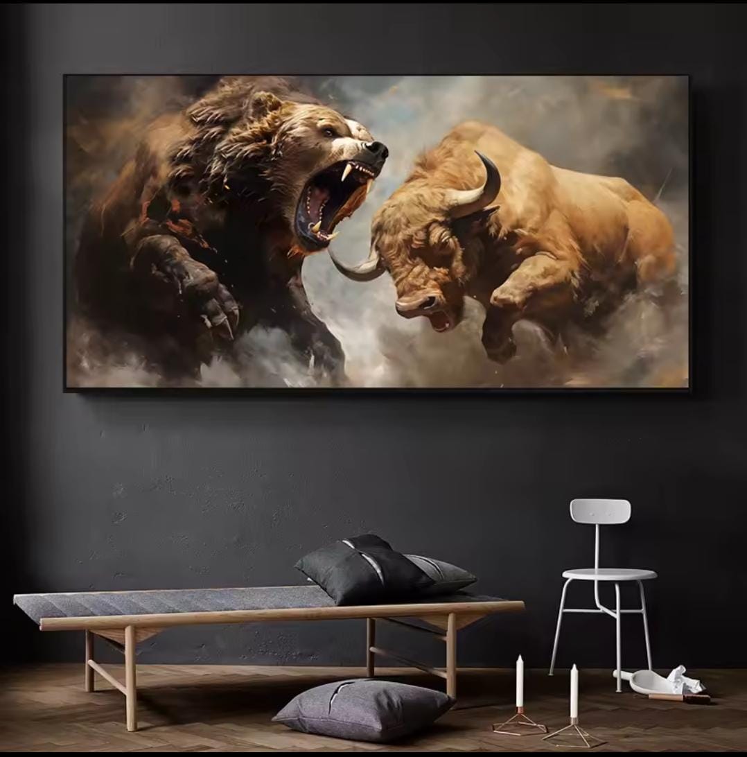 Scontro tra Titani: quadro toro e orso Finanza in un drammatico confronto notturno. Stampa su tela Wall Street che simboleggia la battaglia dei mercati, perfetta per ufficio.