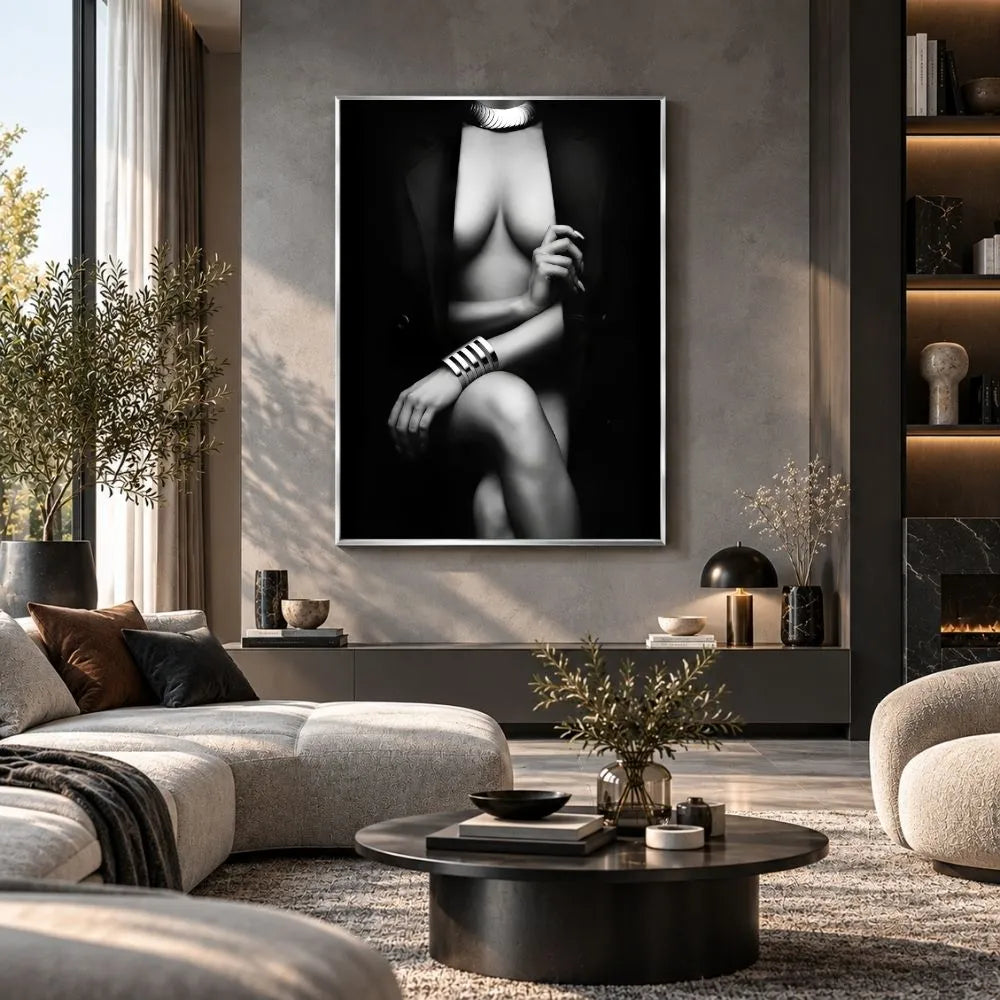 Sensualità quadro moderno su tela con cornice argento di una figura femminile elegante in bianco e nero, ideale per arredare un soggiorno moderno e raffinato