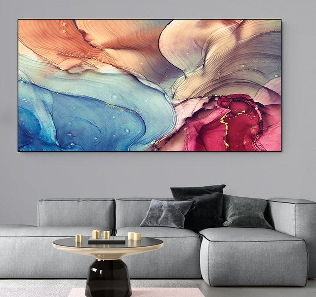 Quadro su tela astratto per arredare il soggiorno con tonalita di rosa e BLu