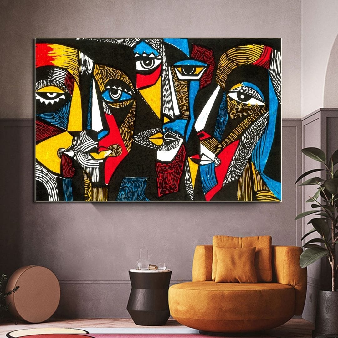 Quadro Facce Astratte, un dipinto che esplora l'arte contemporanea con forme e colori unici, ideale per arredare spazi dinamici e creativi.