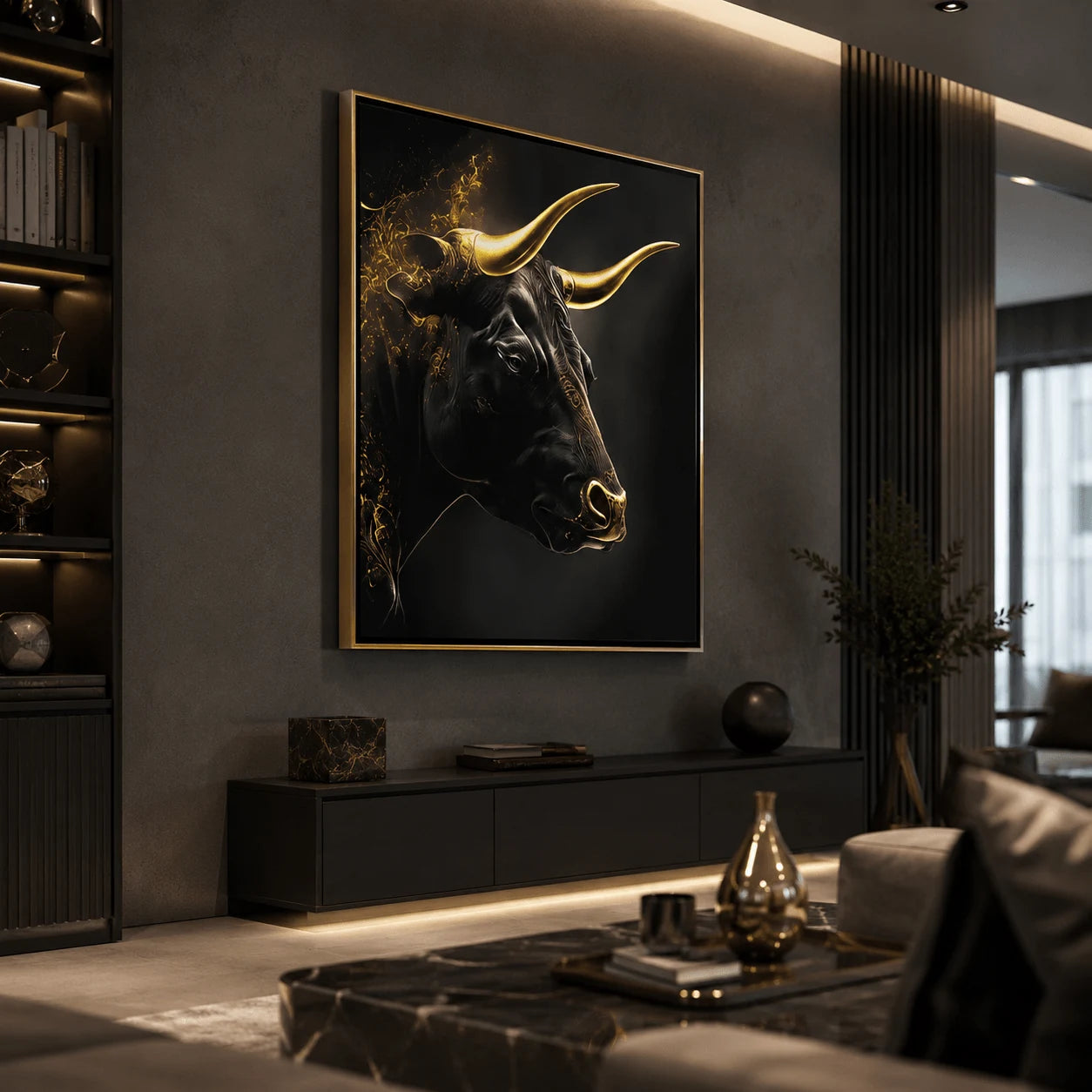 Quadro su tela 'Golden Bull' con immagine di un toro dorato su sfondo scuro, ideale per un arredamento moderno e sofisticato.