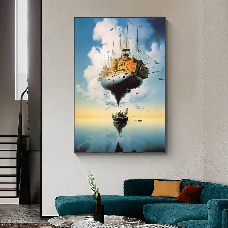 Vascello Celeste Surreale di MulletMonkey: quadro surrealismo fantasy in formato verticale con stampa su tela isola volante e riflesso sull'acqua, perfetta per arredo moderno.