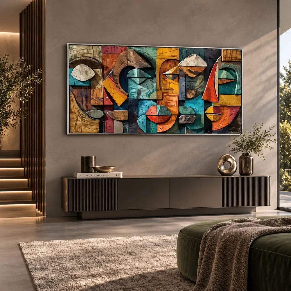 Volti Frammentati quadro moderno su tela con cornice argento con volti astratti geometrici e colori vivaci, ideale per arredare un soggiorno moderno