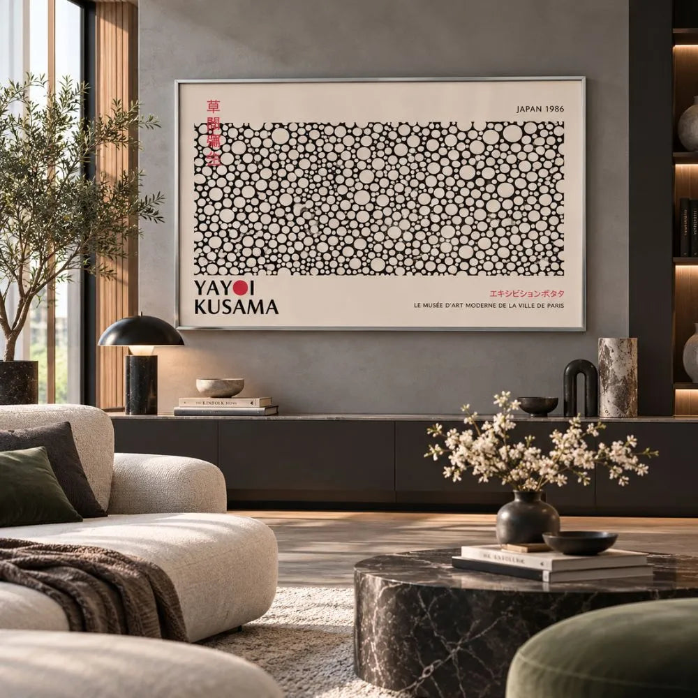 yayoi kusama ossessione monocromatica quadro su tela moderni con cornice argento; bianco nero soggiorno design minimal