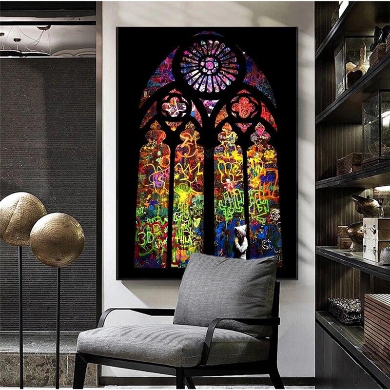 Colorful church window by Banksy