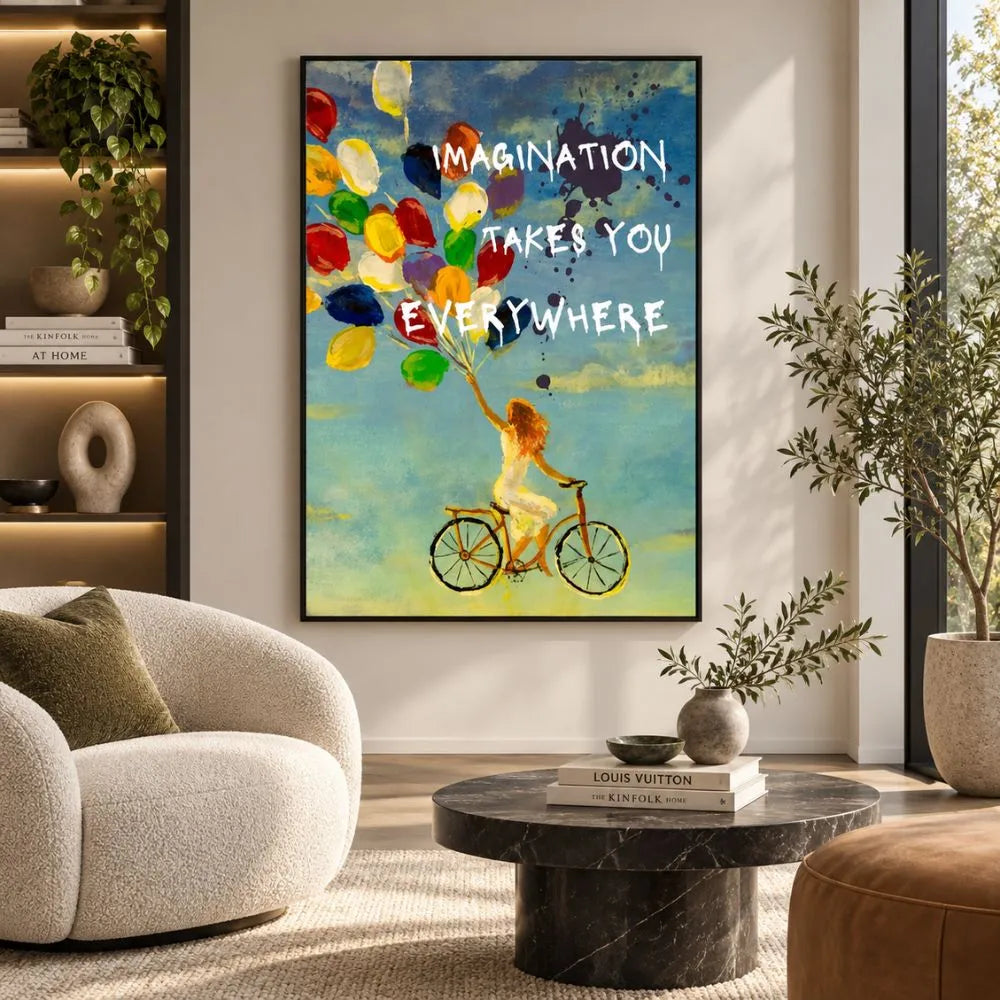 L'Immaginazione quadro moderno su tela con cornice nera di una ragazza in bicicletta e palloncini colorati, decorazione artistica per soggiorno moderno