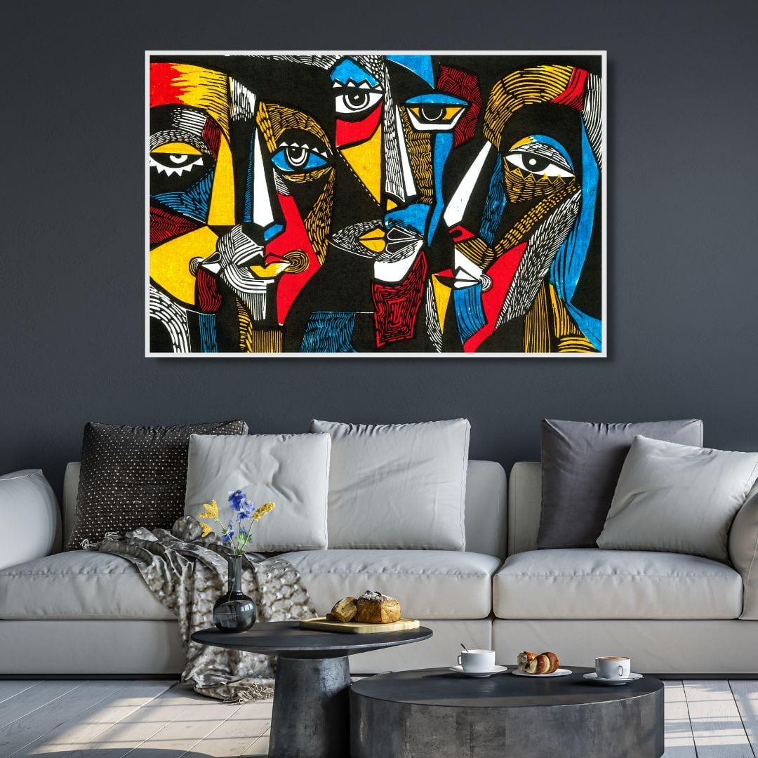 Quadro Facce Astratte, un dipinto che esplora l'arte contemporanea con forme e colori unici, ideale per arredare spazi dinamici e creativi.