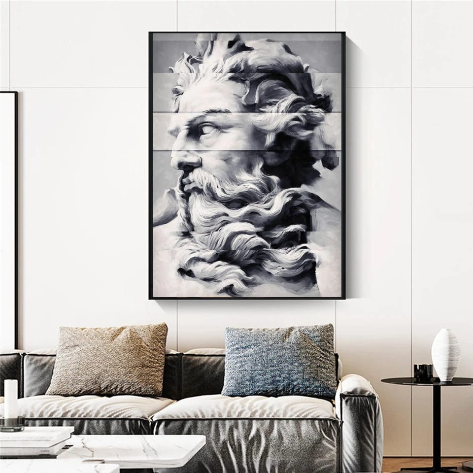 "Quadro moderno 'Poseidone' con ritratto del dio del mare in un design potente ed evocativo."