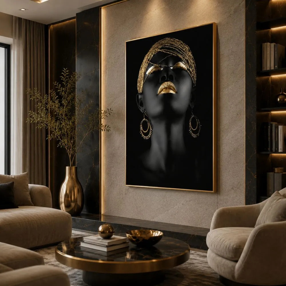 quadro purezza gold stampa su tela volto femminile nero e oro arredamento elegante moderno