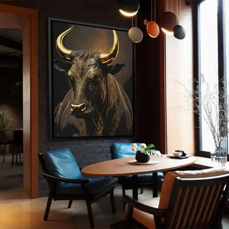 Quadro su tela 'Toro in Trame Dorate' con raffigurazione di un toro imponente e dettagli dorati, ideale per ambienti moderni ed eleganti.
