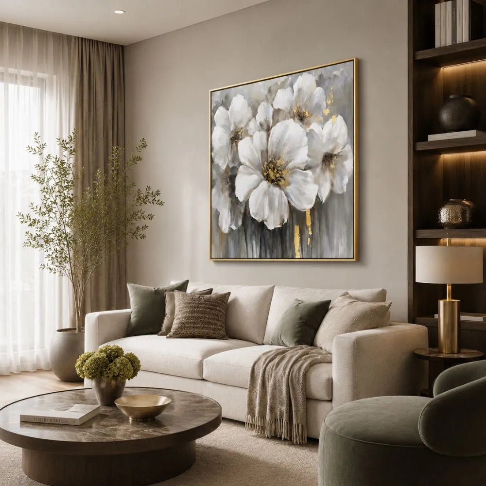 Quadro moderno con fiori stilizzati in toni bianchi e pastello