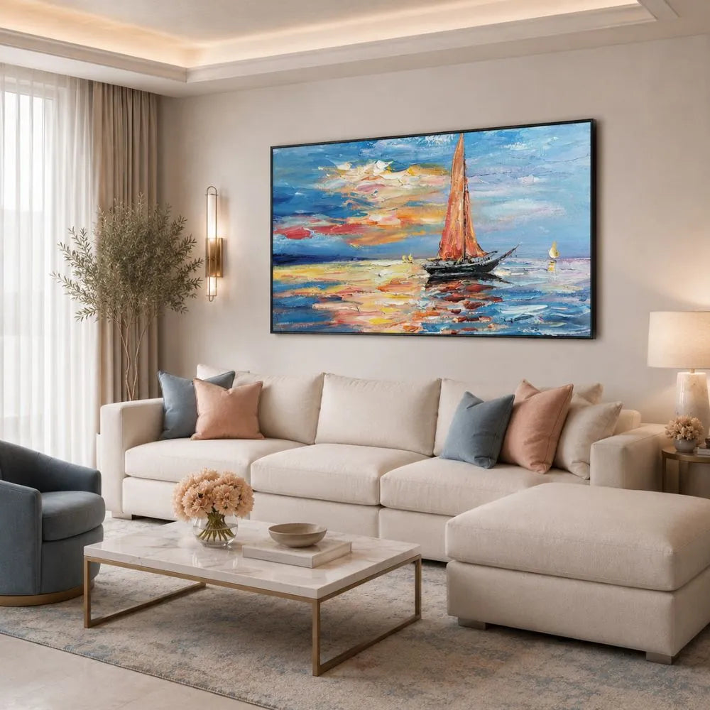 Quadro su tela Solenne Tranquillità con barca a vela e paesaggio marino, ideale per soggiorno moderno elegante