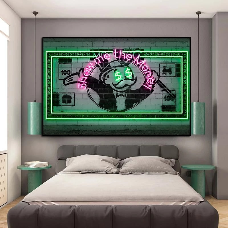 Quadro “Show Me the Money Neon”: grafica neon con la scritta “Show Me the Money” e motivi legati al denaro su tela.