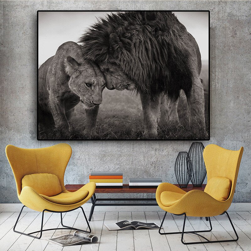 Quadro Leone e Leonessa, un dipinto che rappresenta la maestositĂ e la forza di questi animali, ideale per arredare con eleganza e simbolismo.