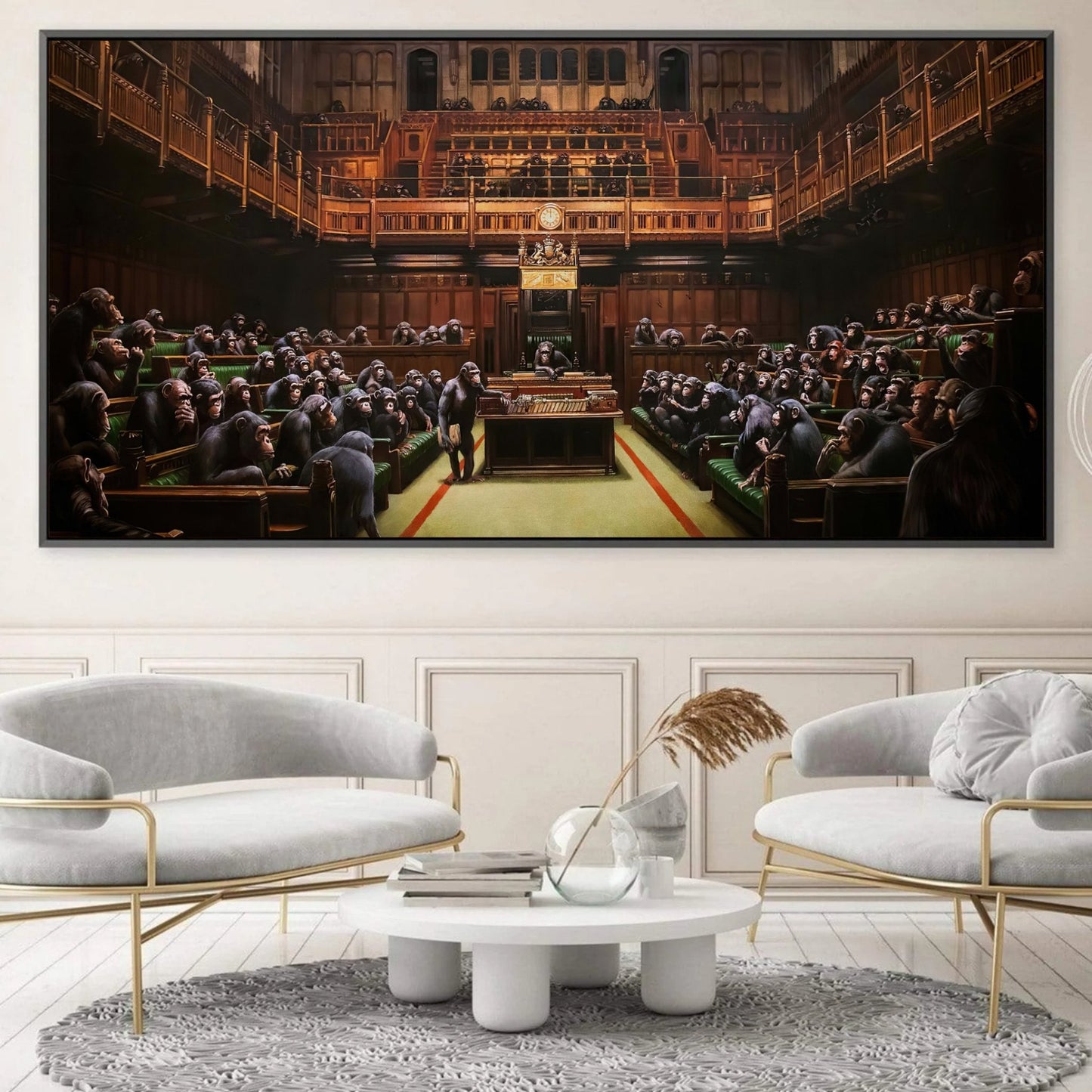 Quadro Monkey Parliament di Banksy, un'opera d'arte che rappresenta una critica sociale con scimmie in una riunione parlamentare, ideale per un tocco di provocazione.