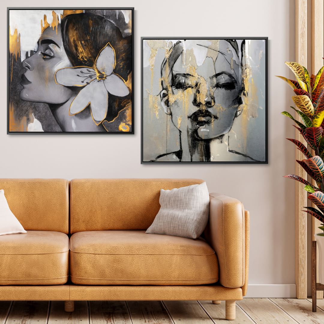 set da 2 Quadri moderni con ritratti femminili dai colori grigi e oro